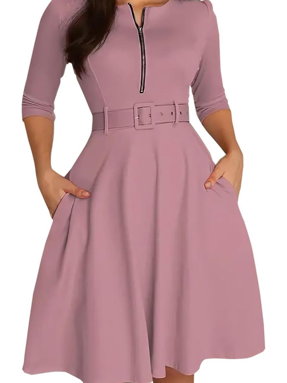 Women’s Belted Midi Dress with Front Zip in Dusty Pink